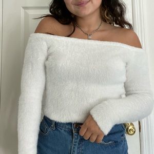 Fuzzy White off-the-shoulder Sweater